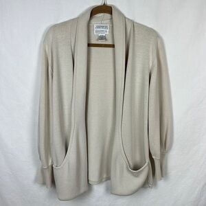 Side Effects cream sweater with front shawl collar open pockets, size M